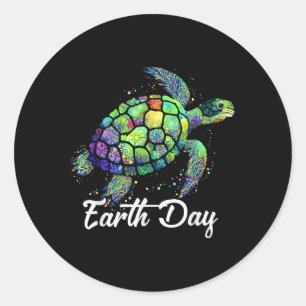 Pegatina Redonda Día de la Tierra de la Tortuga Marítima Salvar a l