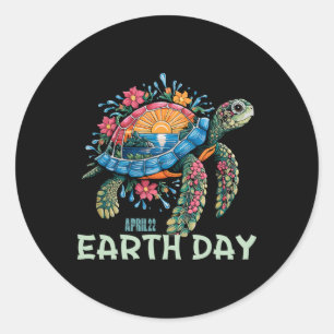 Pegatina Redonda Día de la Tierra de la Tortuga Marítima Salvemos a