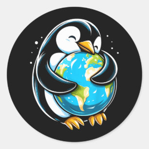 Pegatina Redonda Día de la Tierra del Pingüino Divertido Animal Día