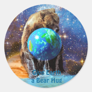 Pegatina Redonda Día de la Tierra del Planeta de Abrazo del Oso Gri