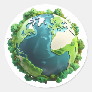 Pegatina Redonda Día de la Tierra - Tierra verde y azul con árboles