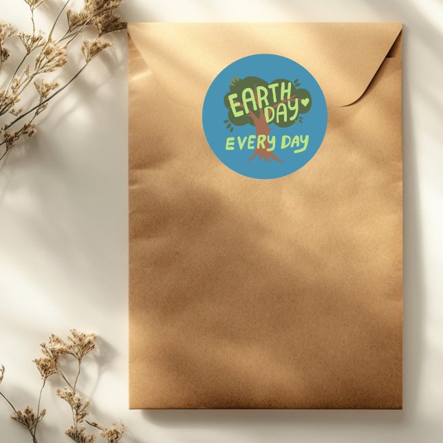 Pegatina Redonda DÍA DE LA TIERRA TODOS LOS DÍAS Árbol con mango (EARTH DAY EVERY DAY Handlettered Tree Classic Round Sticker
)