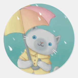 Pegatina Redonda Día de lluvia: Ilustracion de gatos y paraguas