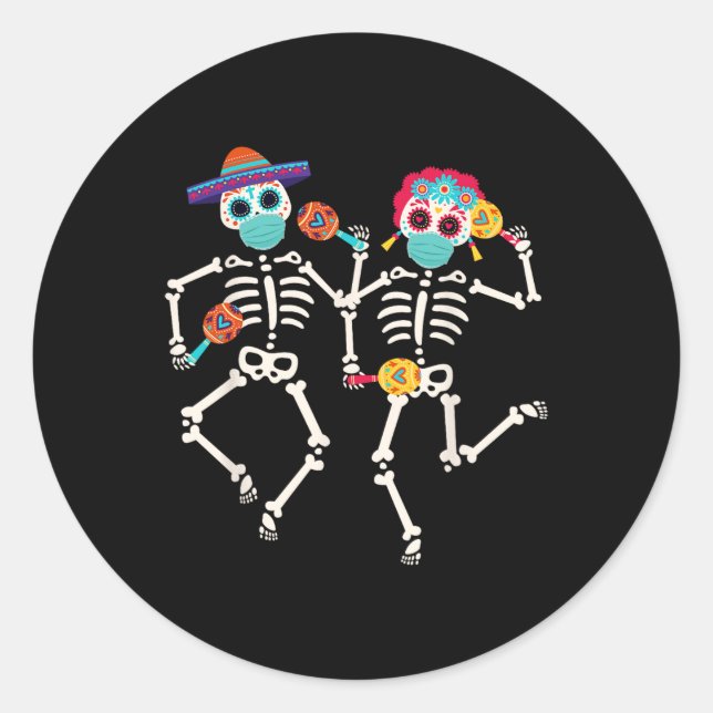 Pegatina Redonda Día De Los Muertos: Baile De Cráneo Muerto (Anverso)