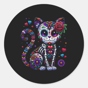 Pegatina Redonda Dia De Los Muertos Cinco De Mayo Cat Sugar Skull M