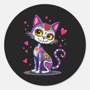 Pegatina Redonda Día de los muertos cinco de mayo gato cráneo de az