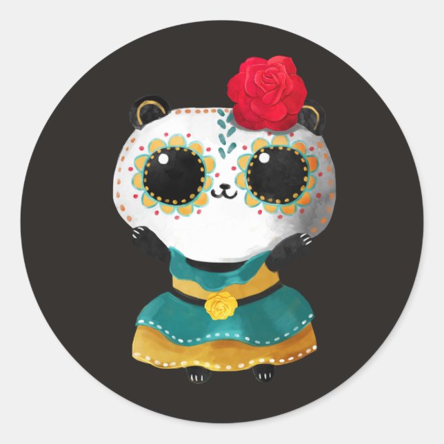 Pegatina Redonda Dia De Los Muertos Cute Panda Oso Vestido Mexicano (Anverso)