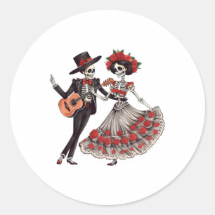 Pegatina Redonda Dia De Los Muertos Danzando Esqueletos Pareja Mexi