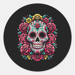 Pegatina Redonda Día De Los Muertos De La Hallowe De Cráneo De Azúc