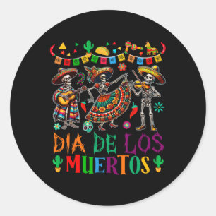 Pegatina Redonda Dia De Los Muertos Mexicanos Bailando Tres Florale