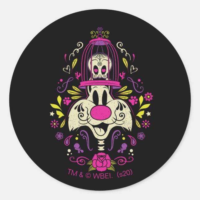 Pegatina Redonda Día De Los Muertos TWEETET™ y SYLVESTER™ (Anverso)