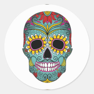 Pegatina Redonda Día de Muertos Calavera Brillante