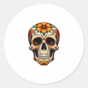 Pegatina Redonda Día de Muertos Calavera de Azúcar Floral Cabeza de
