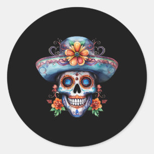 Pegatina Redonda Día de Muertos Cráneo de Azúcar Floral Dia De Muer