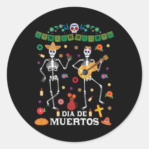 Pegatina Redonda Día de Muertos Danzando el Skeleton celebrando Hal