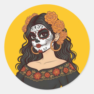 Pegatina Redonda Día de Muertos de los Marigolds de Catrina Muerta