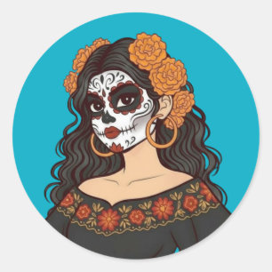 Pegatina Redonda Día de Muertos de los Marigolds de Catrina Muerta