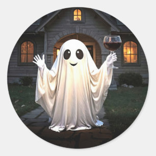 Pegatina Redonda Día de Muertos Fantasma y Vino