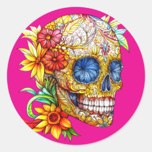 Pegatina Redonda Día de Muertos Floral Catrina Calavera