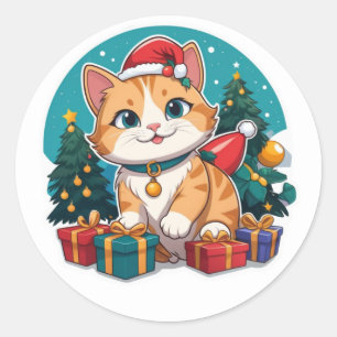 Pegatina Redonda Día de Navidad de Gatos