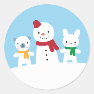Pegatina Redonda Día de nieve kawaii con conejo y oso