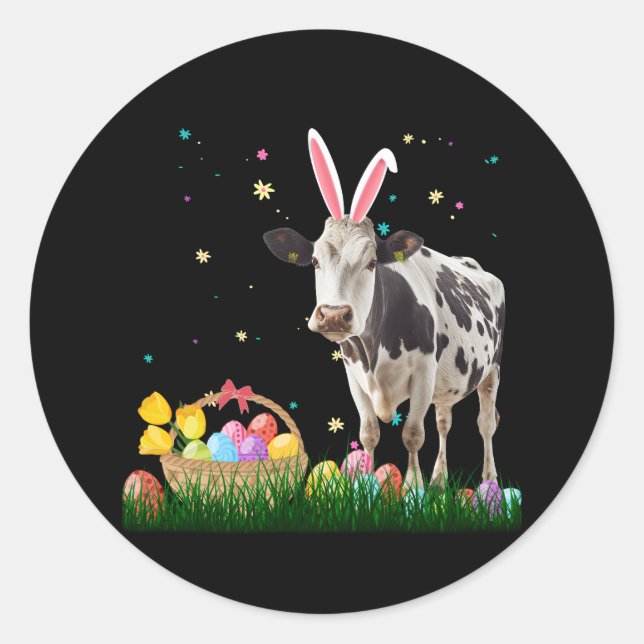 Pegatina Redonda Día De Pascua De Vaca Con Cos De Pascua De Huevos  (Anverso)