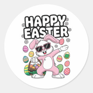 Pegatina Redonda Día de Pascua en Conejo Dorado Huevos niños Chicas