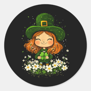 Pegatina Redonda Día de San Patricio Chicas Duende Femenino Trébol