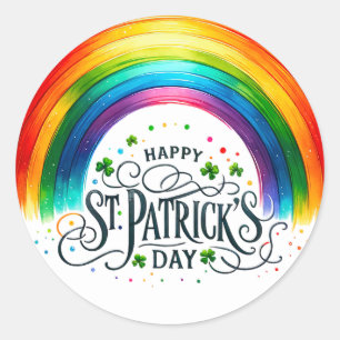 Pegatina Redonda Día de San Patrón Arcoiris Ilustracion Shamrock