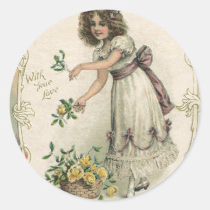 Pegatina Redonda Día de San Valentín antiguo, niña victoriana con r