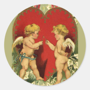 Pegatina Redonda Día de San Valentín antiguo, querubines hacen un d