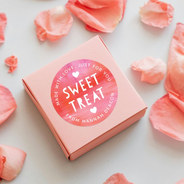 Pegatina Redonda Día de San Valentín Classi de Tratamiento Dulce Ro (round sticker for Valentine's Day painted pink and red "sweet treat" sticker with white hearts)