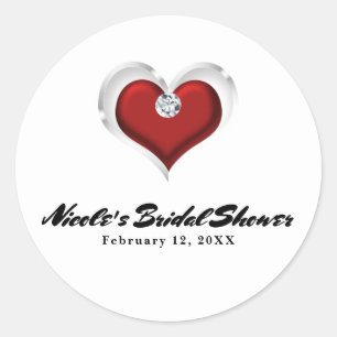Pegatina Redonda Día de San Valentín Corazón Rojo con Diamantes Fie