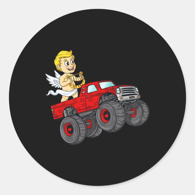 Pegatina Redonda Día de San Valentín Cupid Riding Monster Truck Fun (Anverso)
