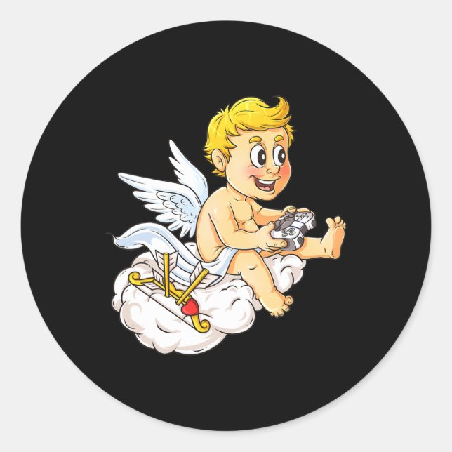 Pegatina Redonda Día de San Valentín Cupid Video Gamer Controller B (Anverso)