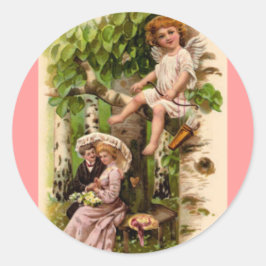 Pegatina Redonda Día de San Valentín Cupido y ParejaVintage