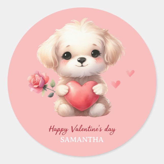 Pegatina Redonda Día de San Valentín Cute Puppy Dog Red Heart PinkH (Anverso)