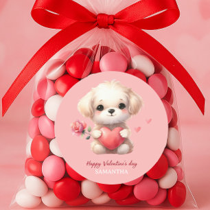 Pegatina Redonda Día de San Valentín Cute Puppy Dog Red Heart PinkH