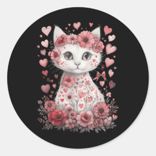 Pegatina Redonda Día de San Valentín de gato lindo florió el corazó