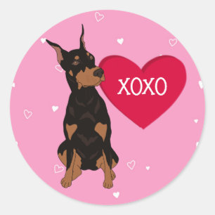 Pegatina Redonda Día de San Valentín Doberman Pinscher
