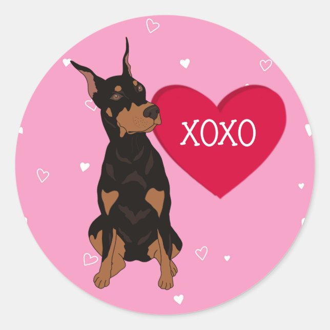 Pegatina Redonda Día de San Valentín Doberman Pinscher (Anverso)