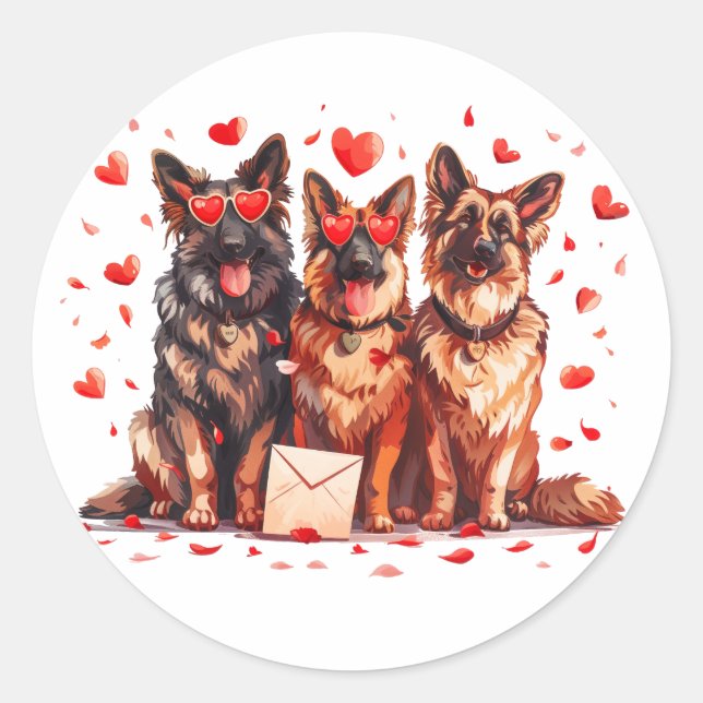 Pegatina Redonda Día de San Valentín German Shepherd Dogs (Anverso)