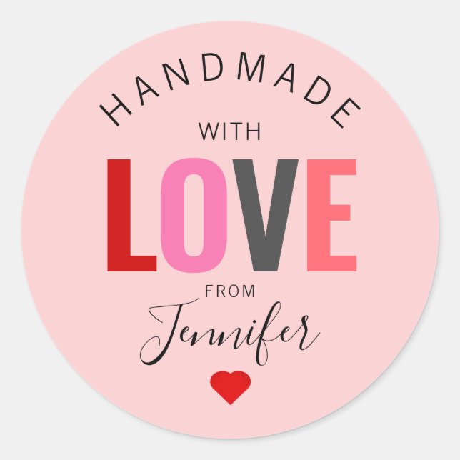 Pegatina Redonda Día de San Valentín Hecho a Mano Con Amor Rosa Roj (Anverso)