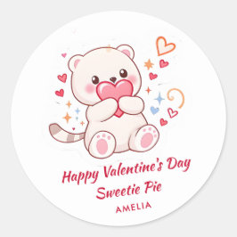 Pegatina Redonda Día de San Valentín lindo con oso y corazón kawaii