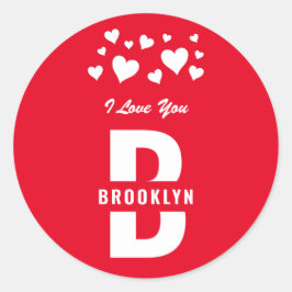 Pegatina Redonda Día de San Valentín Monograma Hipster Blanco Rojo