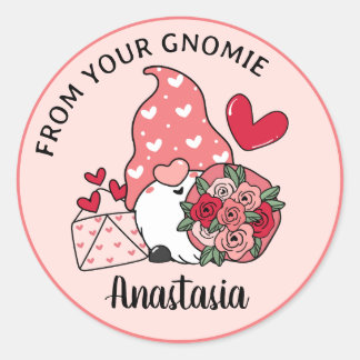 Pegatina Redonda Día de San Valentín Personalizado Gnome Personaliz