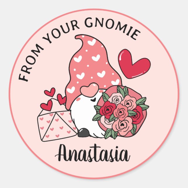 Pegatina Redonda Día de San Valentín Personalizado Gnome Personaliz (Anverso)