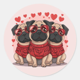Pegatina Redonda Día de San Valentín Pug Dogs