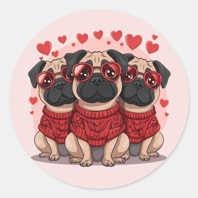 Pegatina Redonda Día de San Valentín Pug Dogs (Anverso)