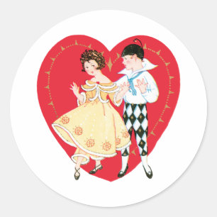 Pegatina Redonda Día de San Valentín Retro, Arlequín y Corazón Vint